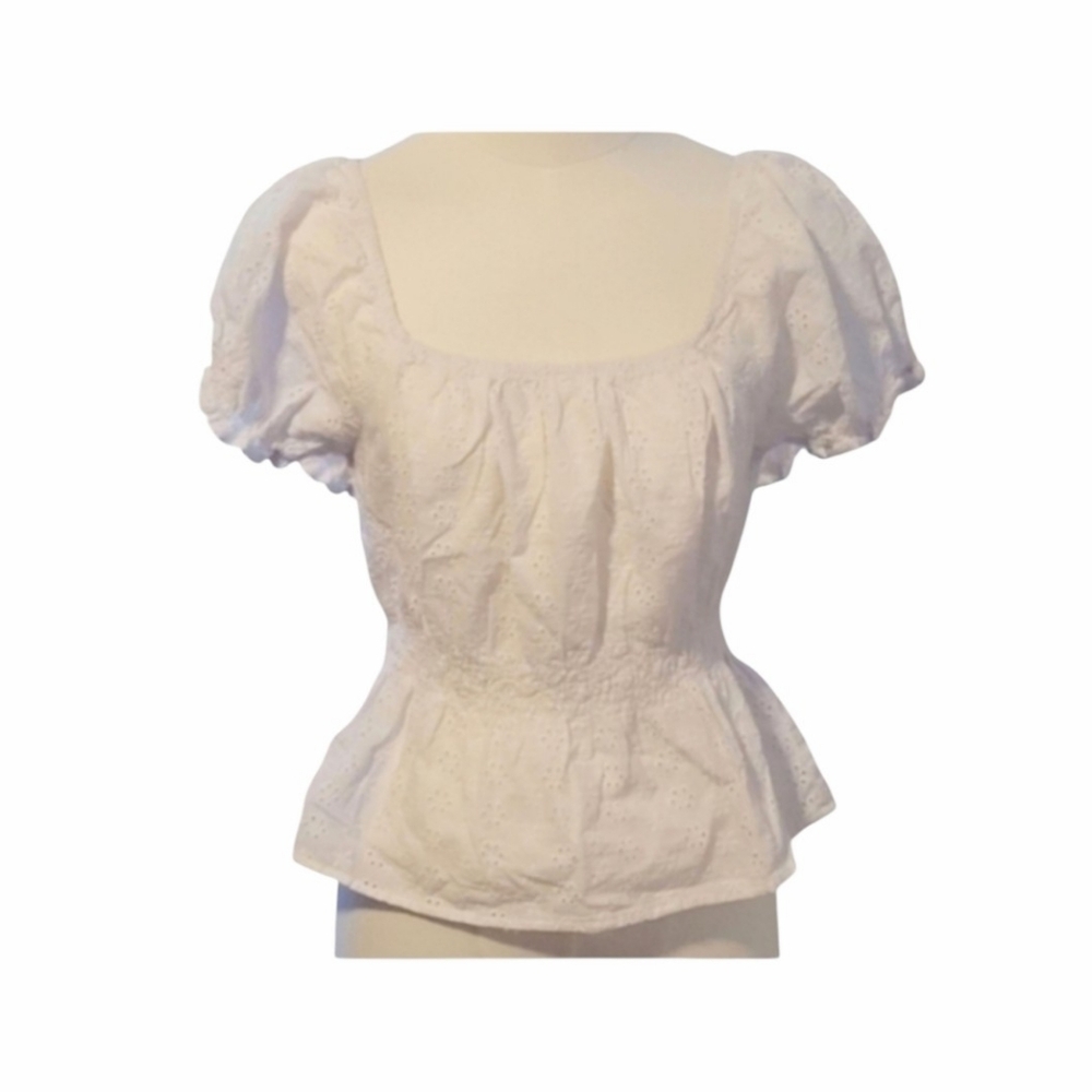 Candies Vintage 100% Cotton Solid White Eyelet Smocked Floral Blouse Size Medium